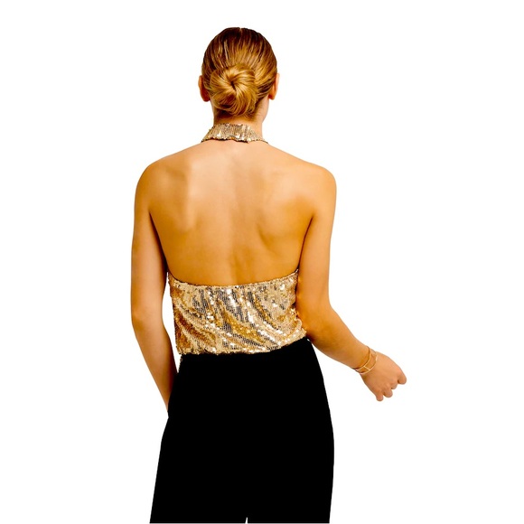 HALTER TOP WIDE LEG JUMPSUIT GOLD/BLACK XS - Picture 3 of 5